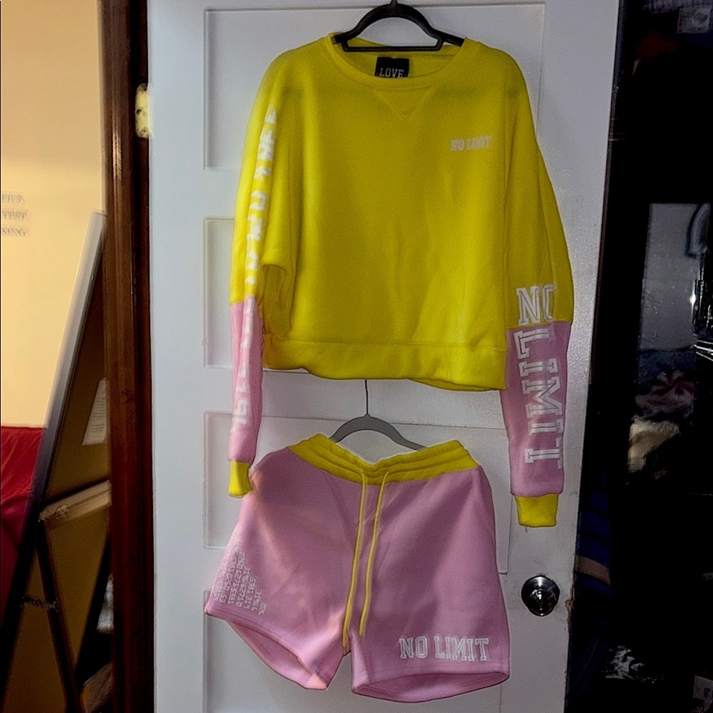Yellow and Pink 'No Limit' Sweatshirt and Shorts Set